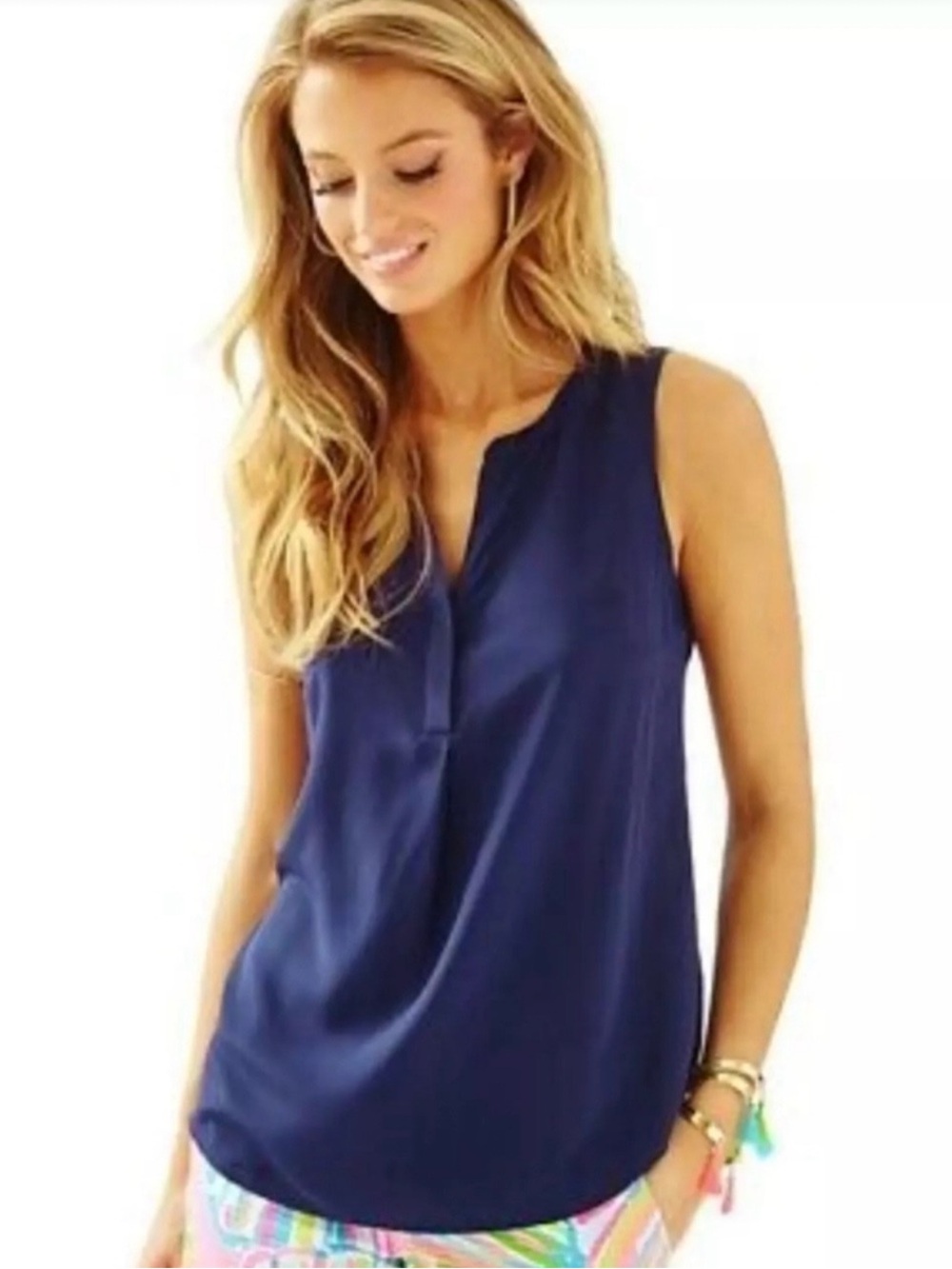 Lilly Pulitzer Nicola 100% Silk Blouse Navy SZ S Resort Wear Vacation Summer